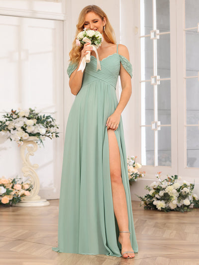 A-Line/Princess Spaghetti Straps Long Wedding Party Dresses with Split Side & Pockets