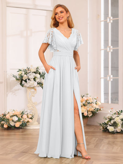 A-Line/Princess V-Neck Long Wedding Party Dresses with Split Side & Pockets