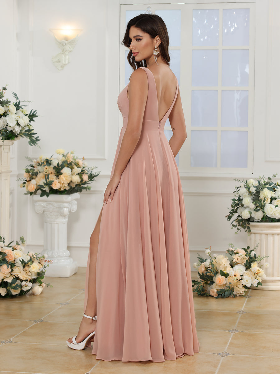 A-Line/Princess V-Neck Long Wedding Party Dresses with Split Side